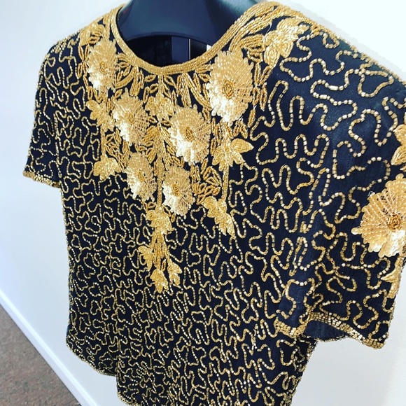 Black and Gold Vintage Beaded Blouse - Picture 2 of 6